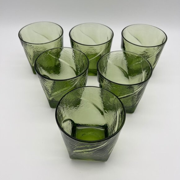 Vintage MCM Hazel-Atlas Pebblestone Green Flat Juice Whiskey Glasses - Set of 6 - Picture 3 of 8